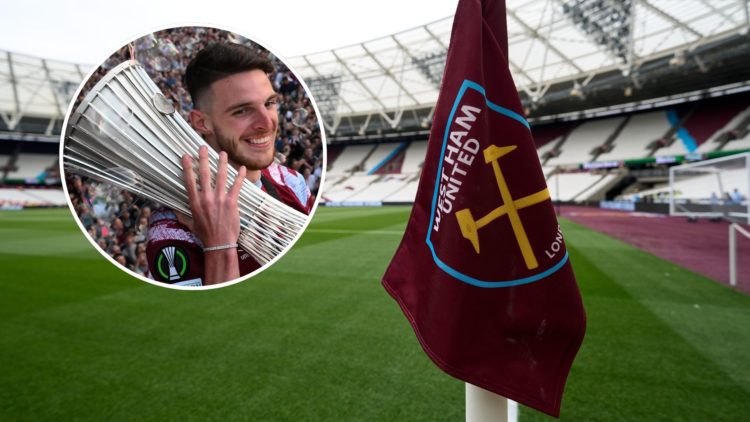 Inside West Ham's London Stadium. Inset, former Hammers captain Declan Rice.