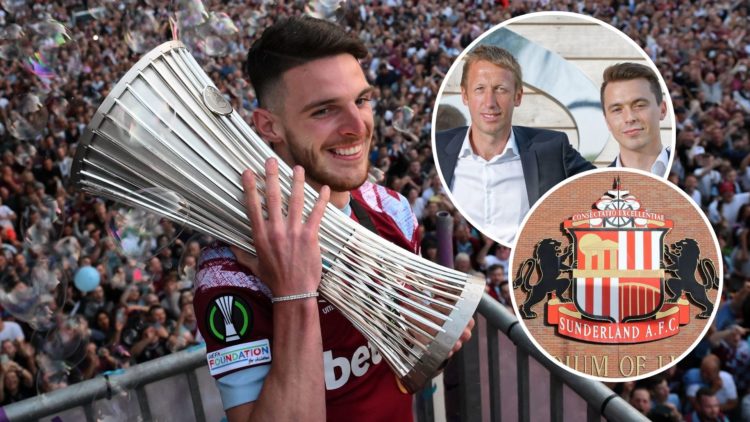 Former West Ham captain Declan Rice presents the Europa Conference League to fans. Inset, Hammers boss Graham Potter and head of recruitment Kyle M...
