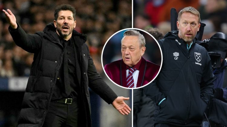 Atletico Madrid boss Diego Simeone and West Ham manager Graham Potter. Inset, Hammers majority owner David Sullivan.