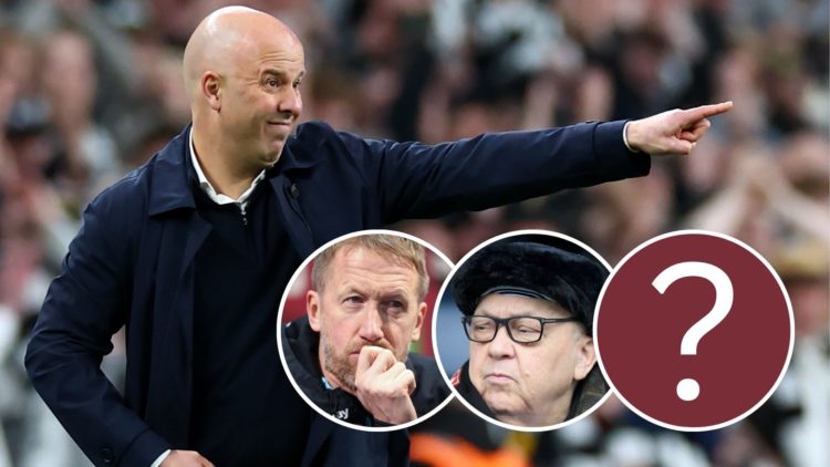 Liverpool boss Arne Slot. Inset, West Ham manager Graham Potter and majority owner David Sullivan.