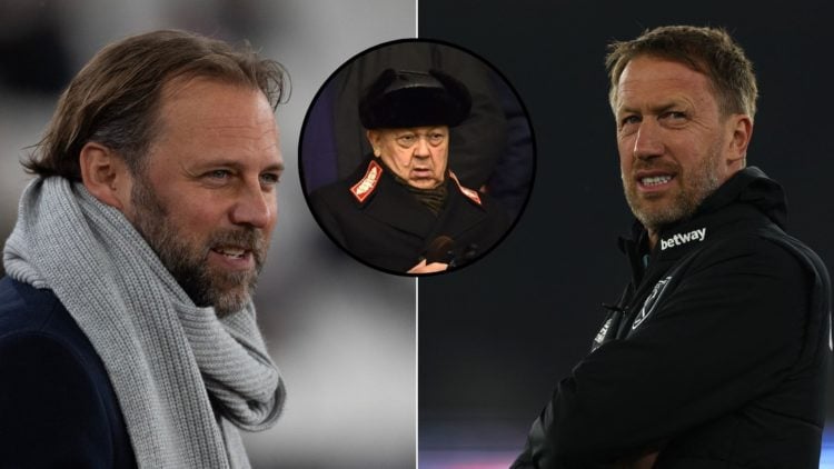 Split image of former West Ham director of football Tim Steidten, left, and West Ham United head coach Graham Potter, right. West Ham co-owner Davi...