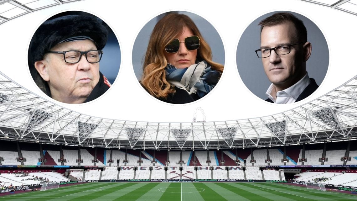 Inside West Ham's London Stadium. Inset, West Ham co-owners David Sullivan and Daniel Kretinsky either side of vice-chair Karren Brady.