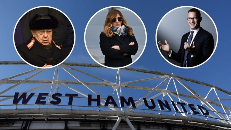 General view of London Stadium. Inset, co-owners David Sullivan, left, and Daniel Kretinsky, right. Centre, Hammers vice-chair Karren Brady.