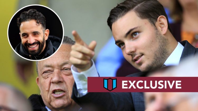 West Ham co-owner David Sullivan with his son Jack. Inset, Man United boss Ruben Amorim.