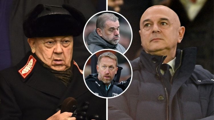 West Ham majority owner David Sullivan and Spurs chairman Daniel Levy. Inset, Tottenham manager Ange Postecoglou and Hammers boss Graham Potter.