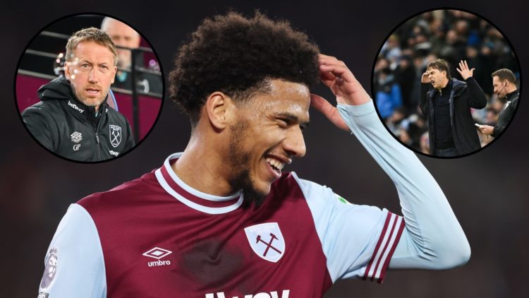 West Ham United defender Jean-Clair Todibo laughing, main image. Inset left, West Ham United head coach Graham Potter. Inset right, former West Ham...