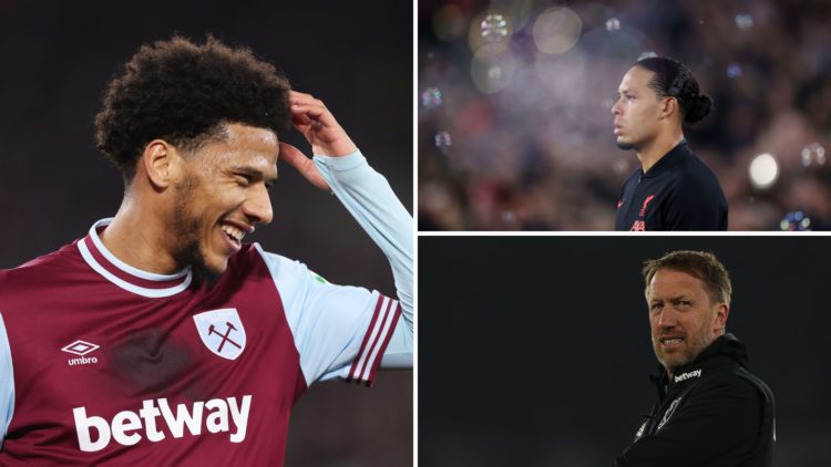 West Ham United centre-back Jean-Clair Todibo, left. Liverpool defender Virgil van Dijk, upper right and West Ham head coach Graham Potter lower ri...