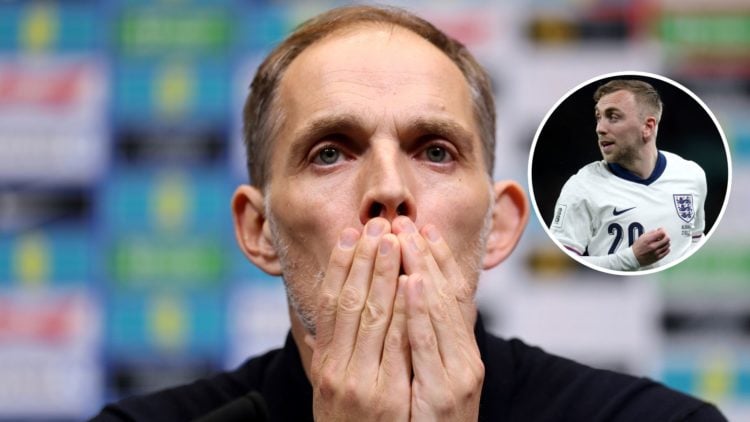 Unimpressed England boss Thomas Tuchel. Inset, West Ham star Jarrod Bowen.