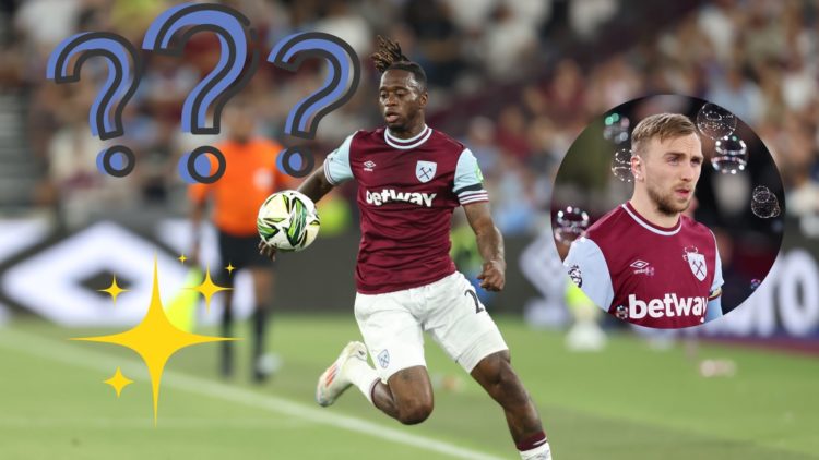Aaron Wan-Bissaka in action for West Ham with Hammers captain Jarrod Bowen