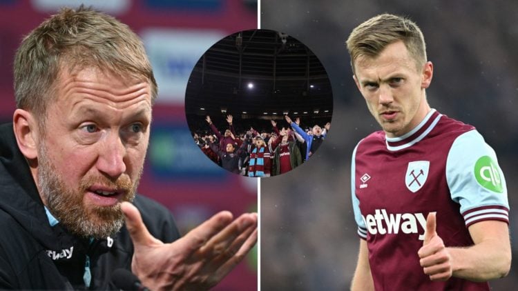 West Hma boss Graham Potter (l), James Ward Prowse (r) and West Ham fans singing (inset)