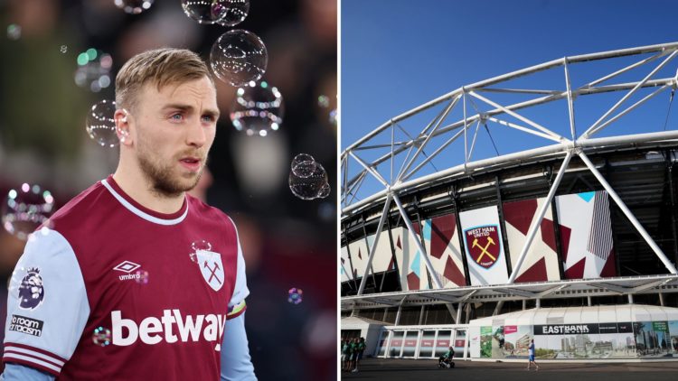 West Ham forward Jarrod Bowen (L) and an outside view of West Ham's London Stadium (R)