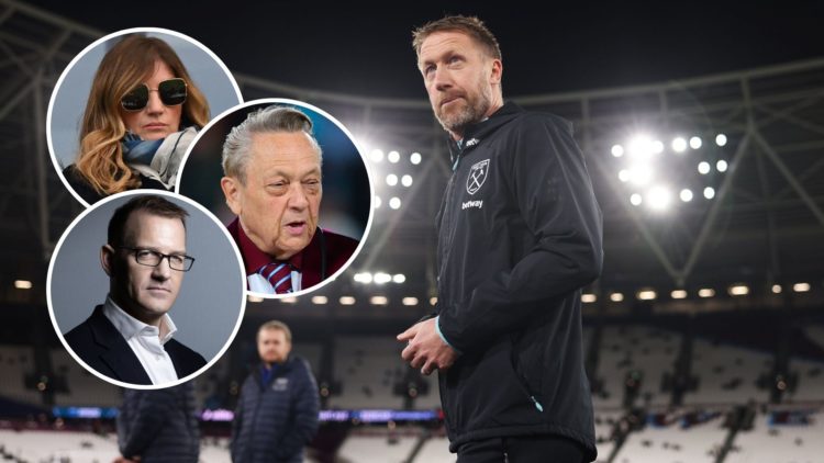 West Ham boss Graham Potter at the London Stadium. Inset, West Ham co-owners David Sullivan, Daniel Kretinsky and vice-chair Karren Brady.