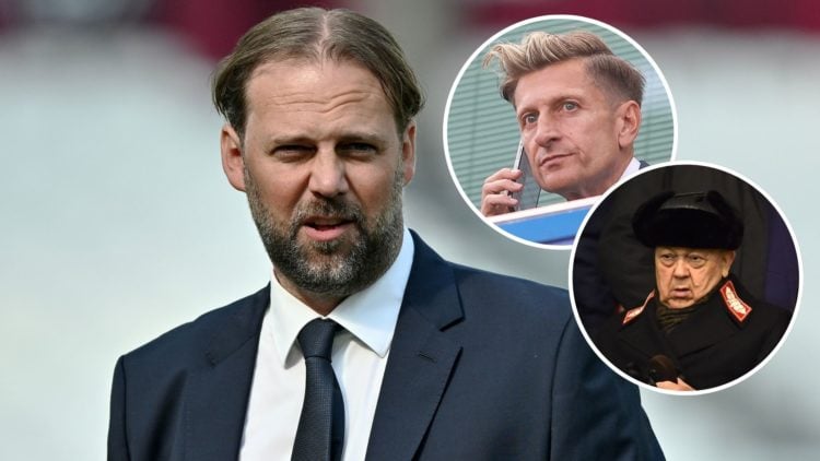 Former West Ham technical director Tim Steidten. Inset, Crystal Palace chairman Steve Parrish and Hammers majority owner David Sullivan.