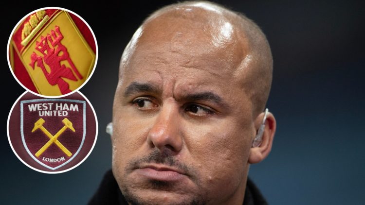 Pundit Gabby Agbonlahor. Inset, Manchester United and West Ham club crests.