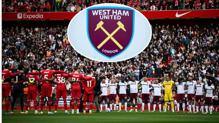 Liverpool and West Ham players line up to commemorate the Hillsborough disaster with a minute of silence at Anfield. Inset, a West Ham badge.