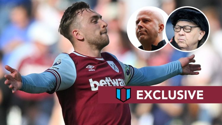 West Ham captain Jarrod Bowen celebrates. Inset, Liverpool boss Arne Slot and Hammers majority owner David Sullivan.