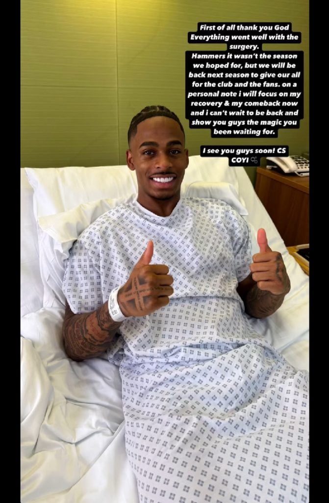 West Ham star Crysencio Summerville gives the thumbs up after his operation.