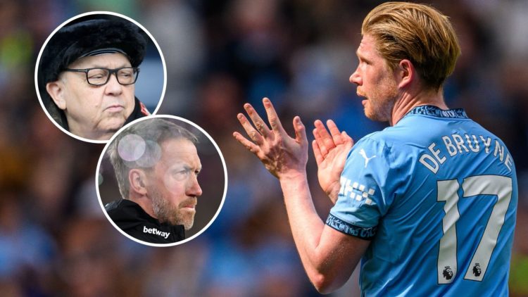 Kevin De Bruyne of Manchester City. Inset, West Ham majority owner David Sullivan and head coach Graham Potter.
