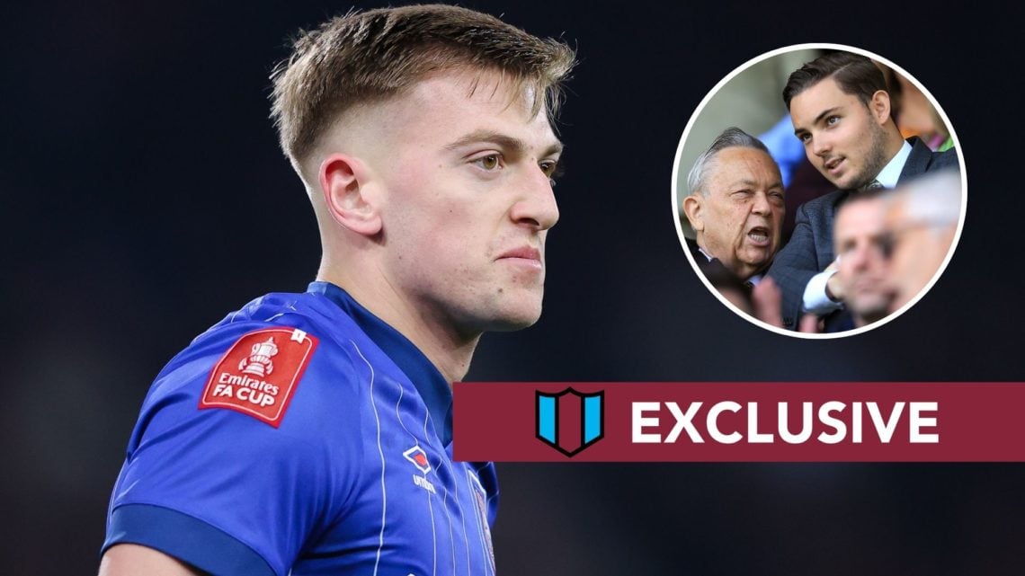 Ipswich Town striker Liam Delap. Inset, West Ham majority owner David Sullivan with his son and board member Jack.