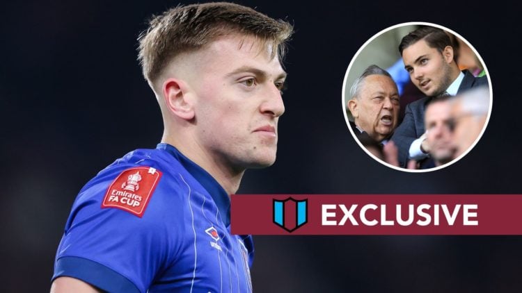Ipswich Town striker Liam Delap. Inset, West Ham majority owner David Sullivan with his son and board member Jack.