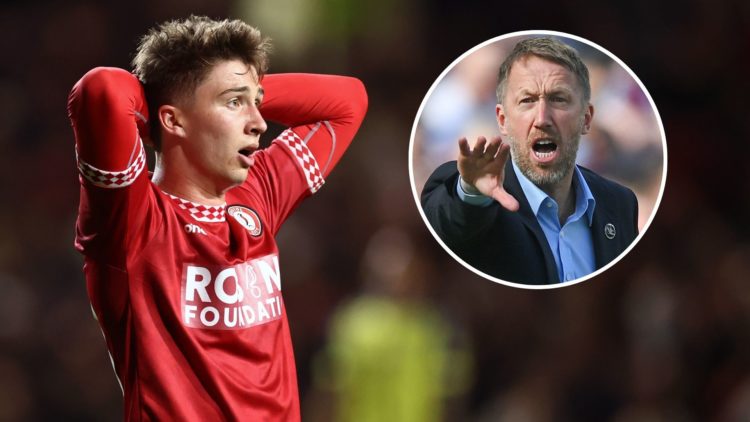 West Ham midfielder George Earthy holds his hands to his head while on loan at Bristol City. Inset, Hammers head coach Graham Potter.