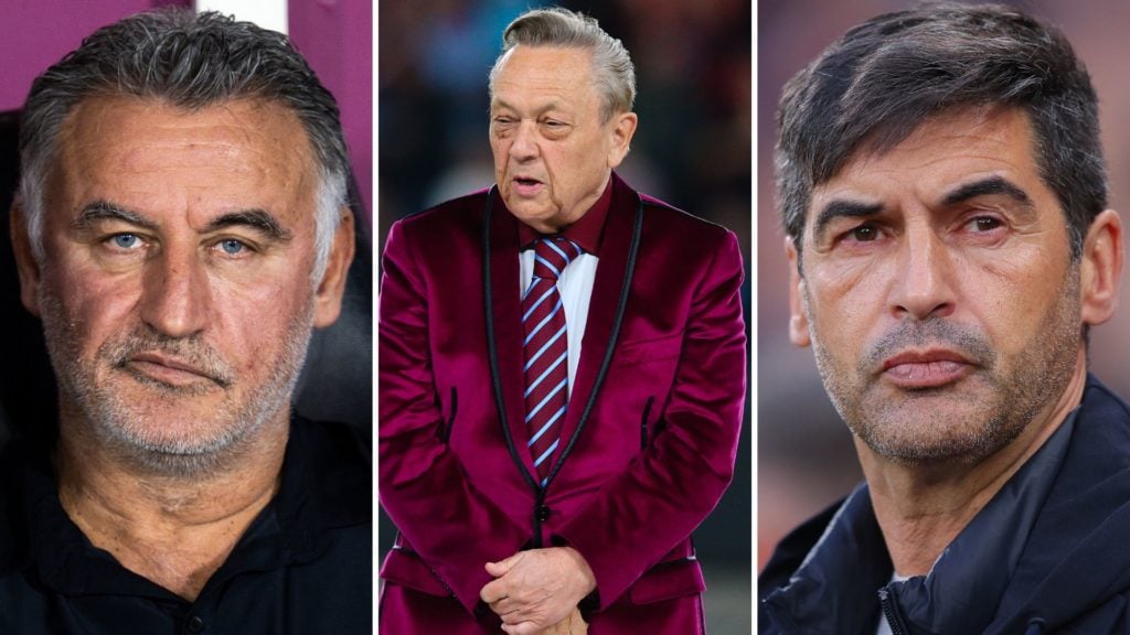 Managers Christophe Galtier and Paulo Fonseca either side of West Ham majority owner David Sullivan.