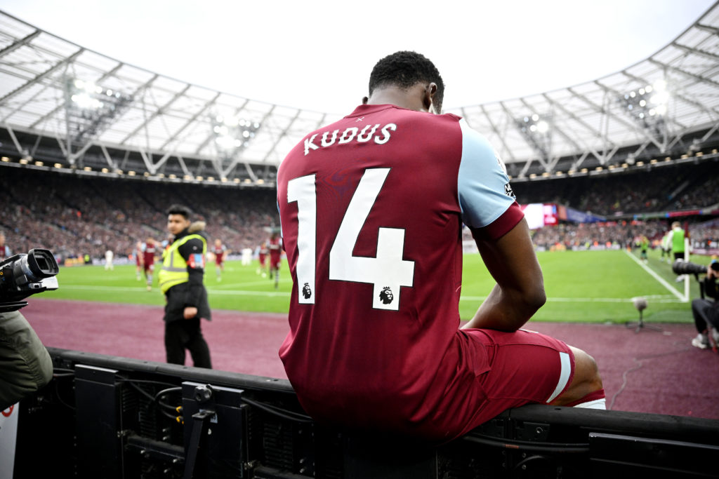 Mohammed Kudus takes a seat for his trademark celebration after scoring for West Ham