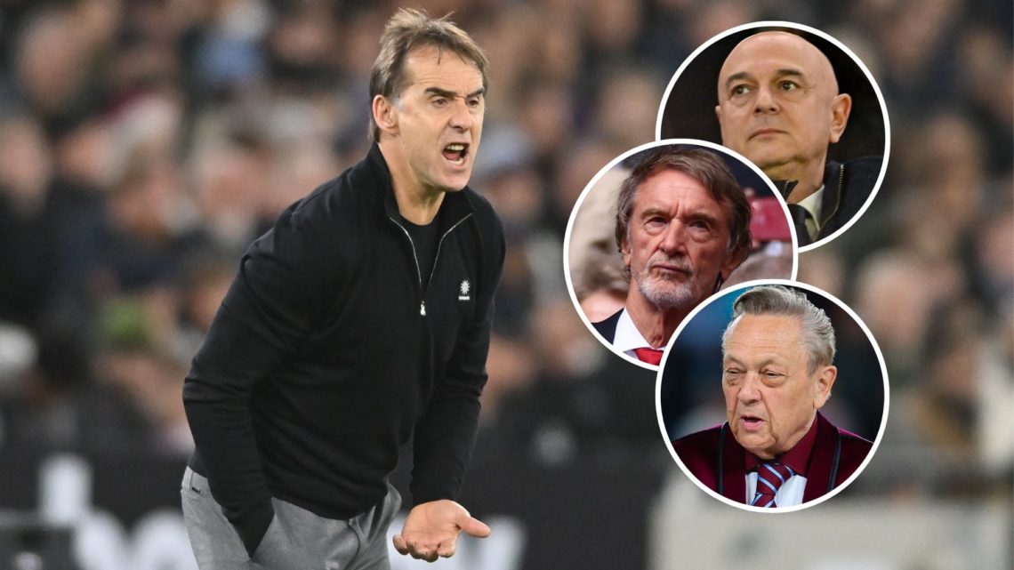 Ex West Ham boss Julen Lopetegui. Inset, Spurs chairman Daniel Levy, Man United co-owner Sir Jim Ratcliffe and West Ham majority owner David Sullivan.