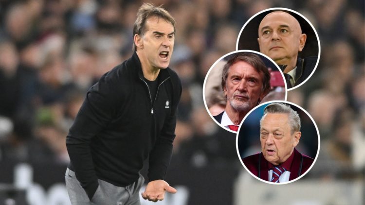 Ex West Ham boss Julen Lopetegui. Inset, Spurs chairman Daniel Levy, Man United co-owner Sir Jim Ratcliffe and West Ham majority owner David Sullivan.