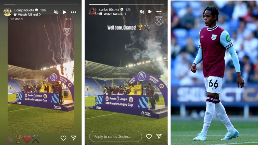 West Ham stars Lucas Paqueta and Carlos Soler congratulate the Under 18s on their Premier League Cup win on their Instagram Stories. Hammers youngster Josh Ajala scored a brace in the final vs Reading.