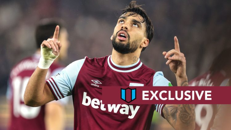 West Ham star Lucas Paqueta points to the heavens.