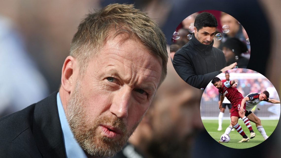 West Ham United head coach Graham Potter, main image. Arsenal boss Mikel Arteta, inset top, and Lucas Paqueta of West Ham battles with Joao Palhinh...