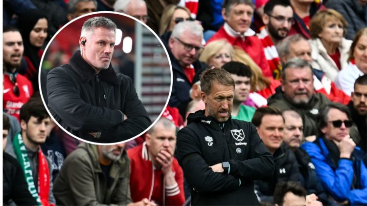 West Ham boss Graham Potter in front of the Anfield crowd during the defeat to Liverpool. Inset, Liverpool legend turned pundit Jamie Carragher.