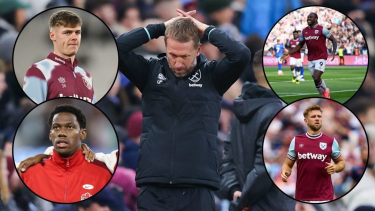 West Ham United head coach Graham Potter, main image. West Ham's on loan striker Evan Ferguson, inset top left. Lille striker Jonathan David repres...