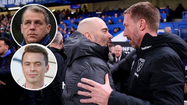 Chelsea boss Enzo Maresca greets West Ham head coach Graham Potter. Inset, Chelsea co-owner Todd Boehly and West Ham head of recruitment Kyle Macau...