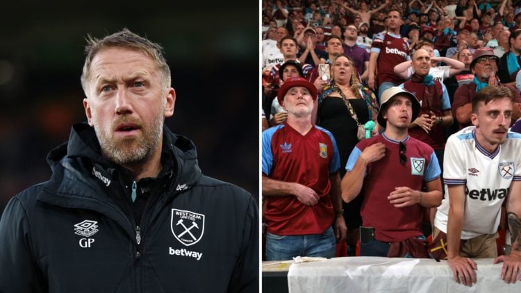 Split image of West Ham United head coach Graham Potter, left, and West Ham United fans in Prague, right.