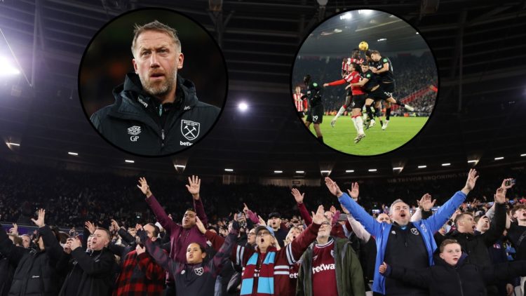 West Ham United fans singing at London Stadium, main image. West Ham United head coach Graham Potter, inset left. West Ham defender Konstantinos Ma...