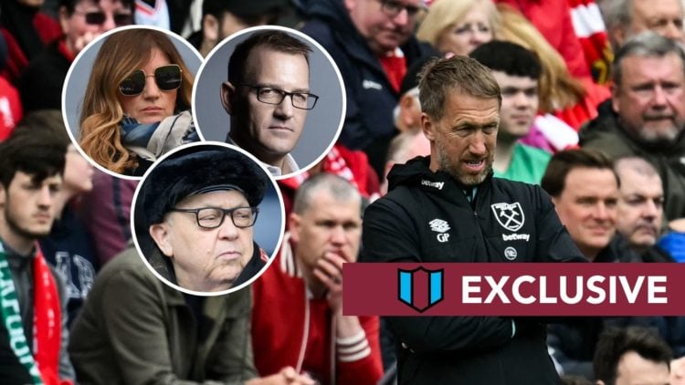 West Ham head coach Graham Potter watches on from the sideline. Inset, Hammers vice-chair Karren Brady, co-owner Daniel Kretinsky and majority owne...