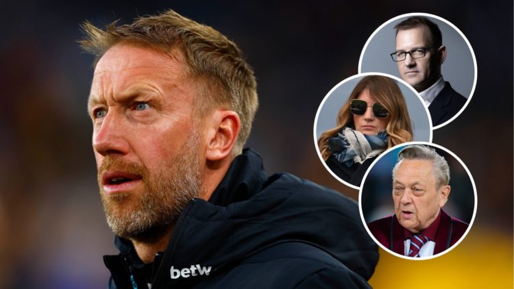 A shocked West Ham boss Graham Potter. Inset, co-owners David Sullivan and Daniel Kretinsky and vice-chair Karren Brady.