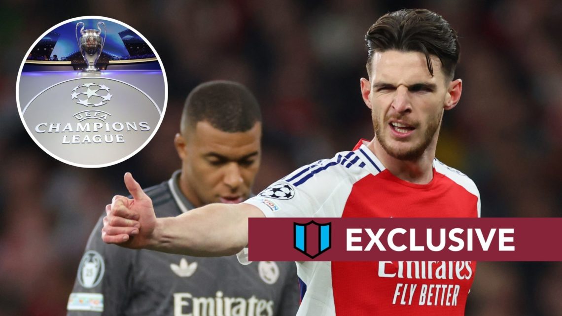 Arsenal midfielder Declan Rice celebrates in front of Real Madrid's Kylian Mbappe. Inset, the UEFA Champions League trophy.