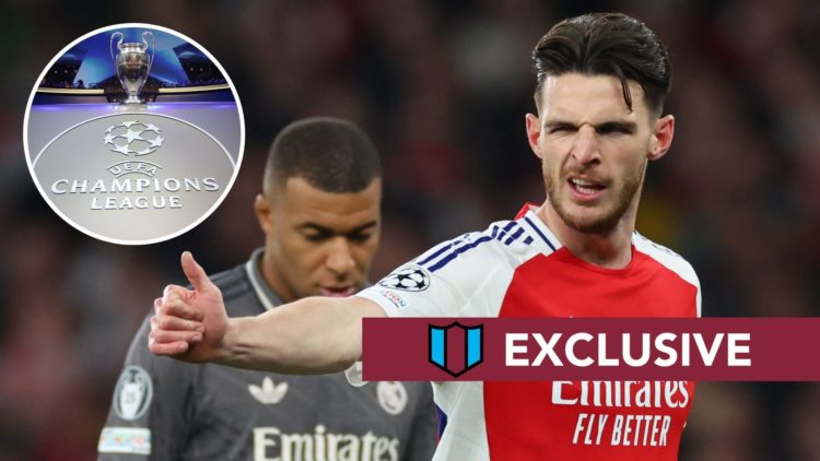 Arsenal midfielder Declan Rice celebrates in front of Real Madrid's Kylian Mbappe. Inset, the UEFA Champions League trophy.