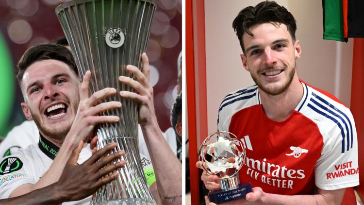 Declan Rice lifting the Europa Conference League as West Ham captain and with his Champions League man of the match award after Arsenal's Champions...