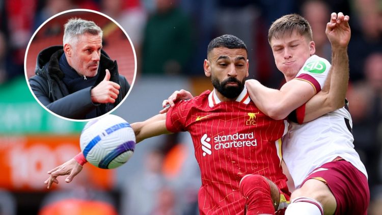 West Ham star Ollie Scarles struggles to contain Liverpool hero Mohamed Salah. Inset, Sky Sports pundit Jamie Carragher.