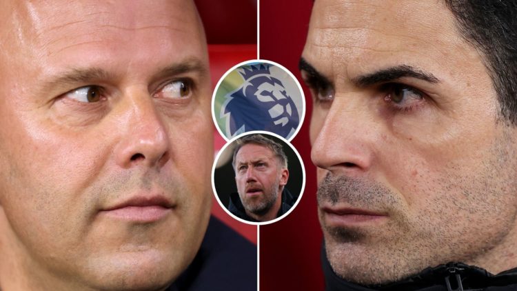 Liverpool boss Arne Slot and Arsenal manager Mikel Arteta. Inset, the Premier League flag and West Ham head coach Graham Potter.