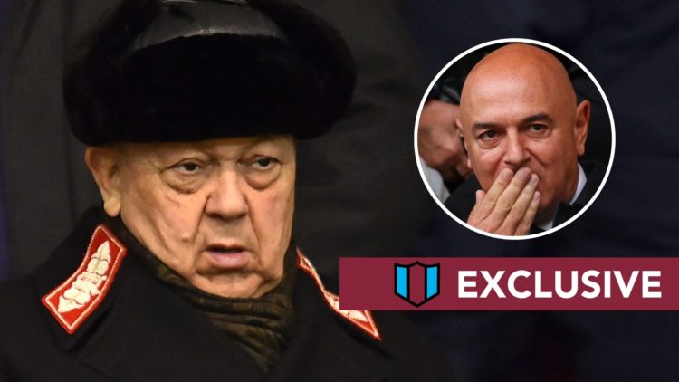 West Ham majority owner David Sullivan grimaces. Inset, Spurs chairman Daniel Levy.