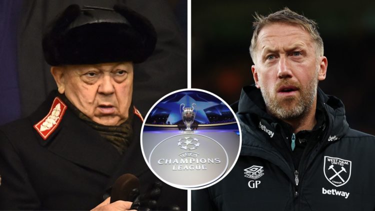 West Ham majority owner David Sullivan and Hammers boss Graham Potter. Inset, the UEFA Champions League trophy.