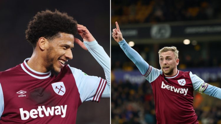 Split image of West Ham United centre-back Jean-Clair Todibo, left, and West Ham captain Jarrod Bowen, right.