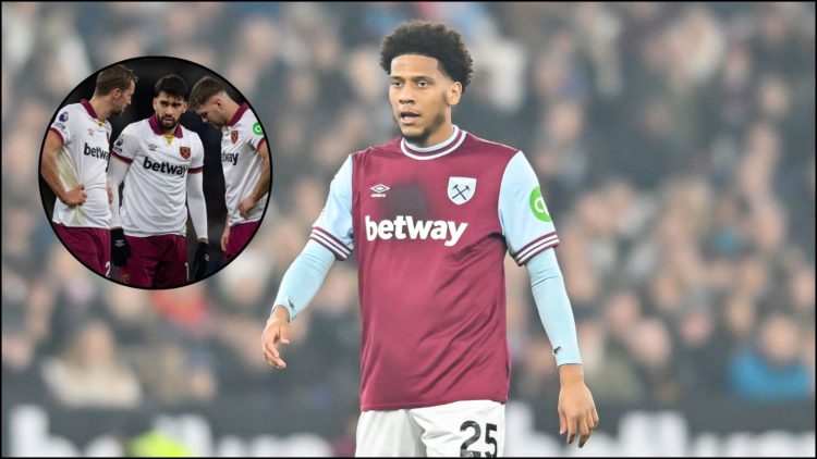 Jean Clair Todibo of West Ham United, main image. Tomas Soucek, Lucas Paqueta and Niclas Fullkrug of West Ham United, inset.