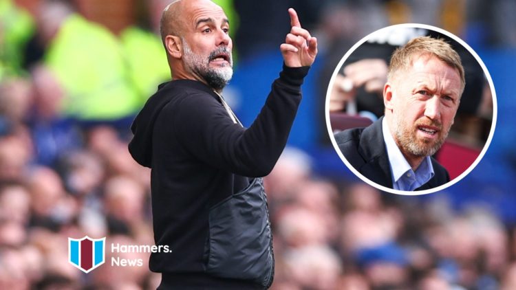 Manchester City manager Pep Guardiola points the way. Inset, West Ham head coach Graham Potter