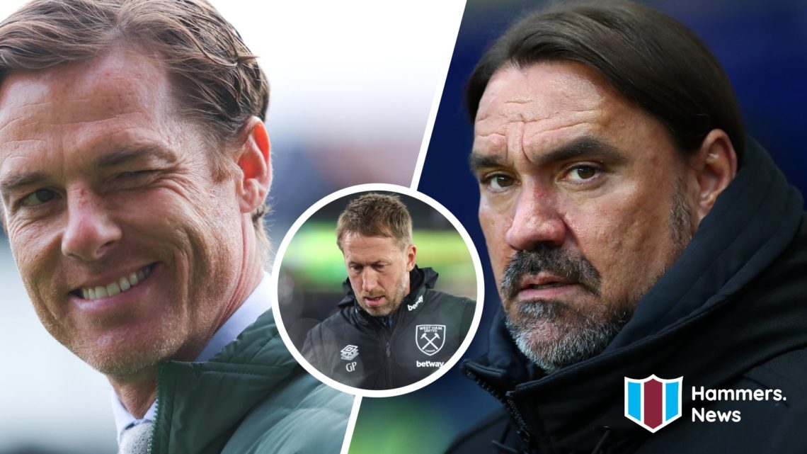 Burnley boss Scott Parker winks and Leeds United manager Daniel Farke. Inset, West Ham head coach Graham Potter looks dejected.